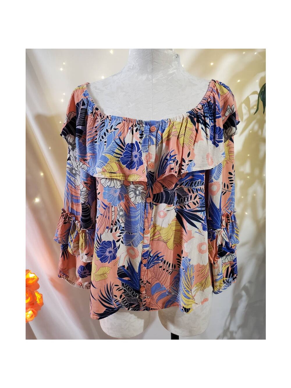 Sanctuary Avery Womens Tropical Floral Ruffled Tiered Blouse Size XL Flowy Top